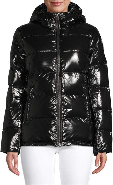 michael kors black logo trim hooded puffer jacket|Michael Kors quilted puffer jacket.